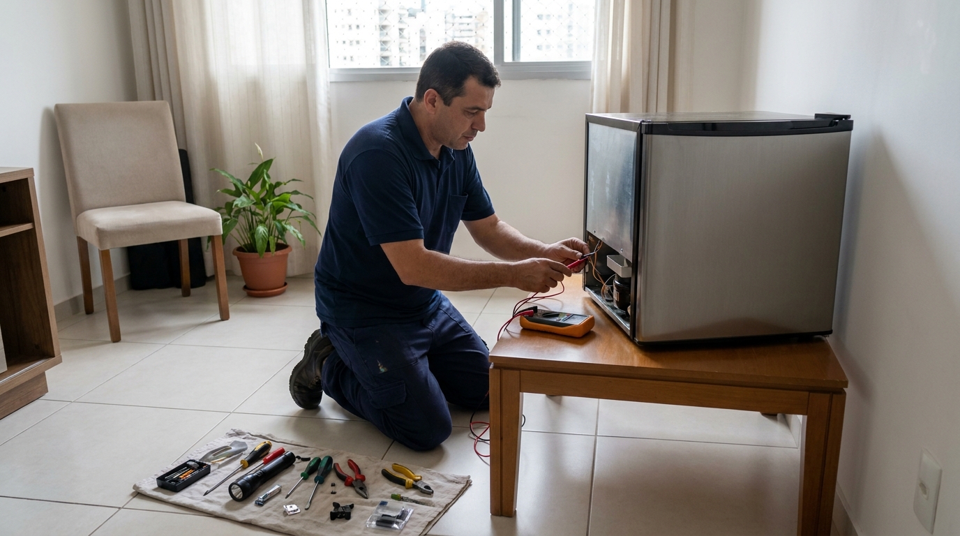 Técnico fazendo manutenção do motor de frigobar em Cascavel‑PR