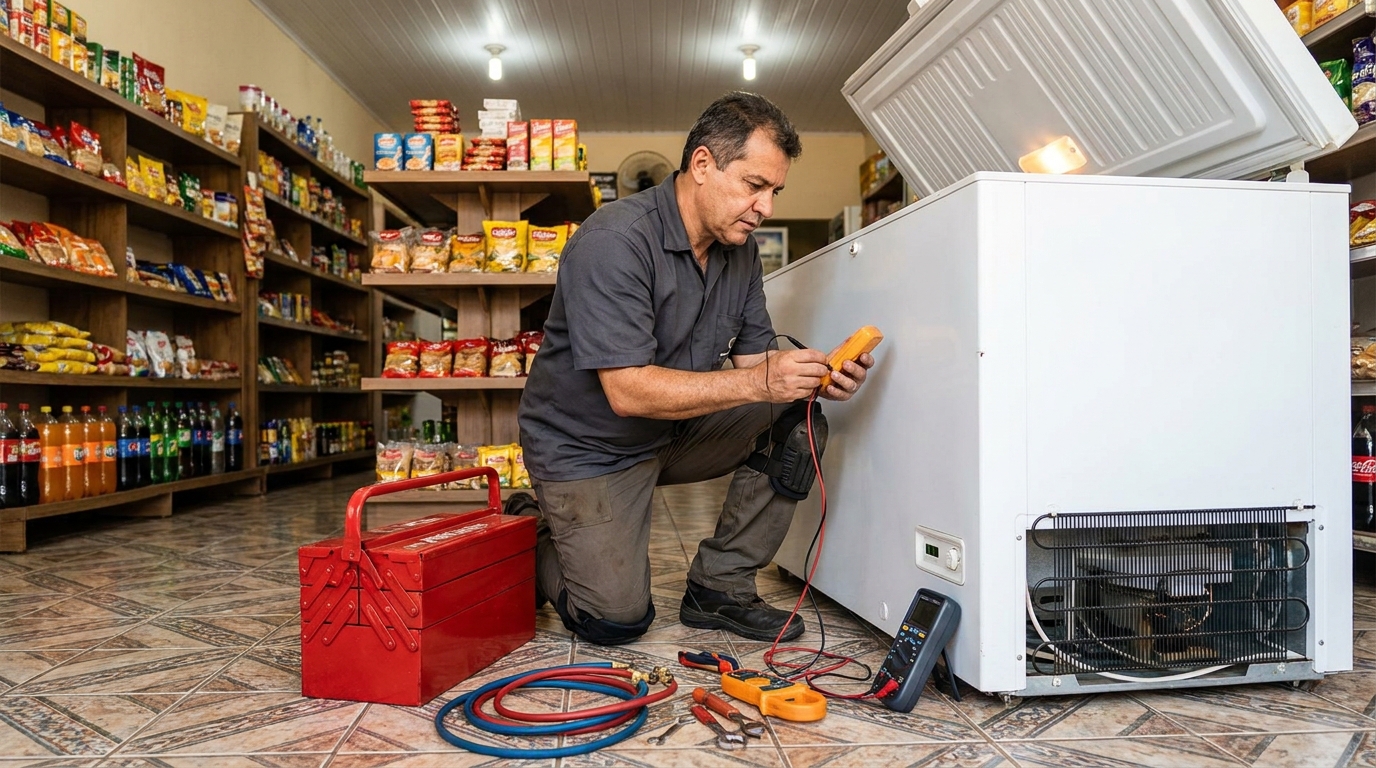 Recarga de gás refrigerante no freezer durante atendimento em Cascavel‑PR