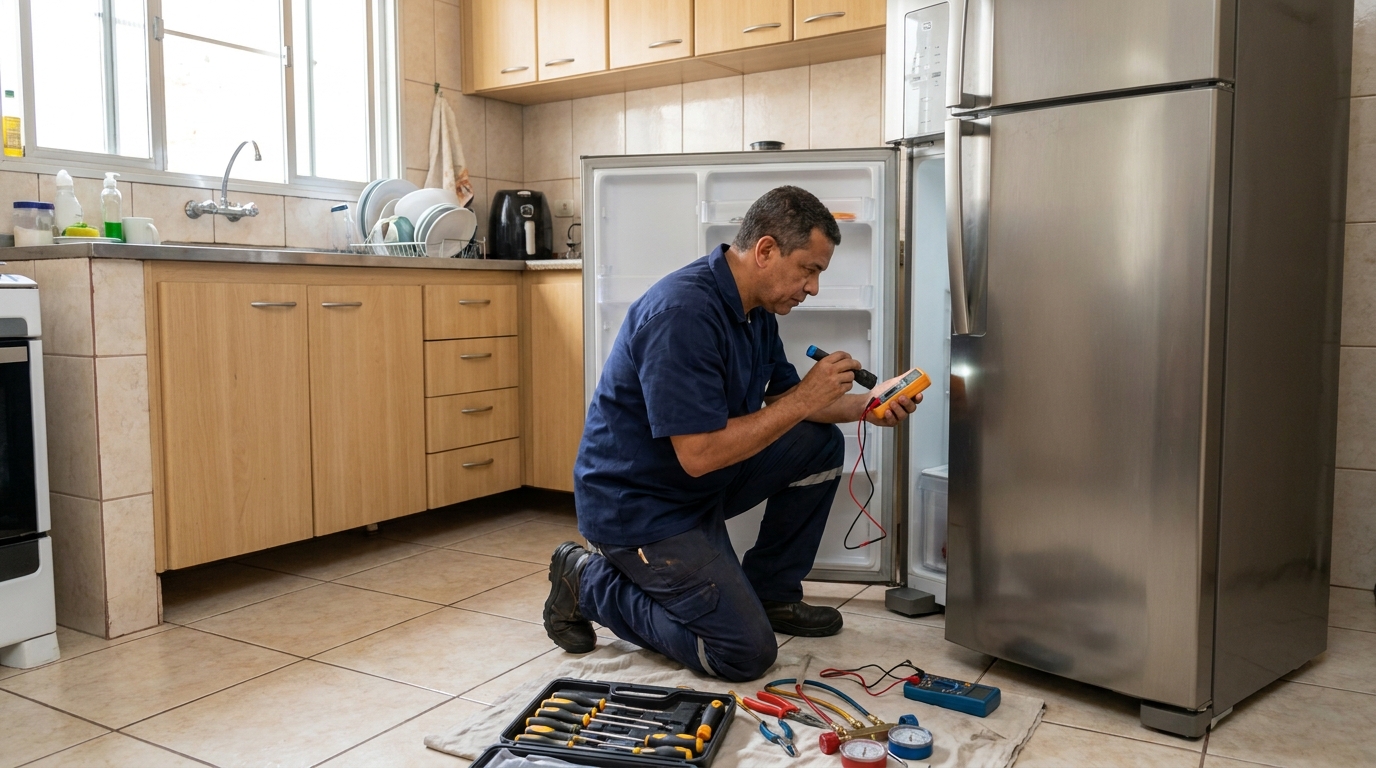 Técnico aplicando recarga de gás refrigerante em geladeira em Cascavel‑PR